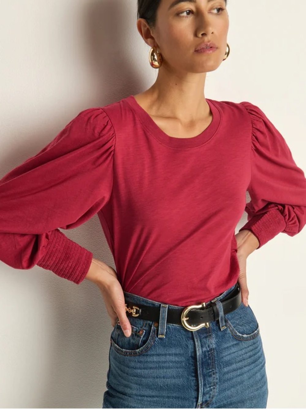 Nation LTD Loren Peasant Tee Sangria Small Burgundy Long Sleeve Gathered Cuff